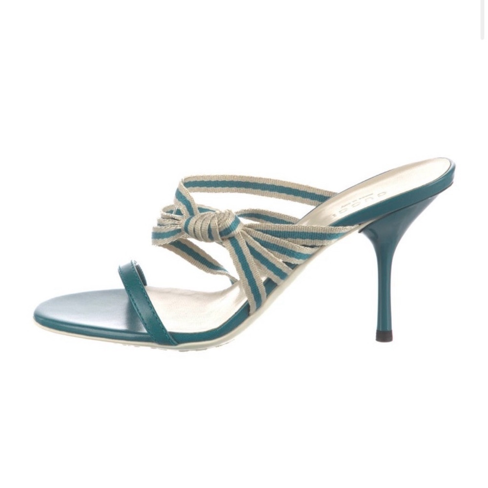 Gucci Vintage Late 90s Teal and Cream Striped Strappy Stiletto Sandals Size 7